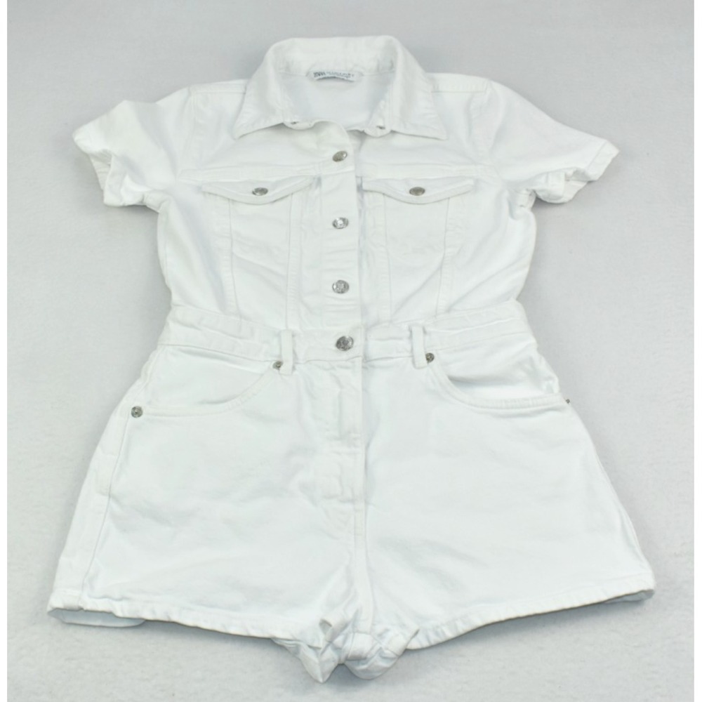 Zara Women Romper Size S White Short Sleeve Button Denim Front Jeans